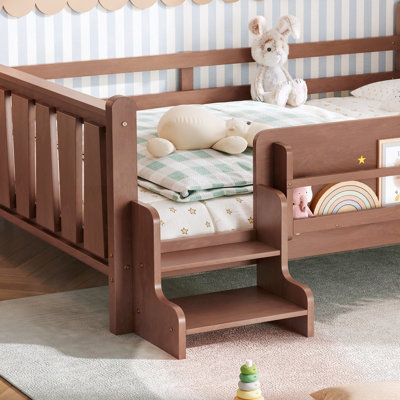 Floor Bed with Storage Bookcases, Solid Wood Kids Floor Bed with Cute Stairs and Guardrails, No Box Spring Needed