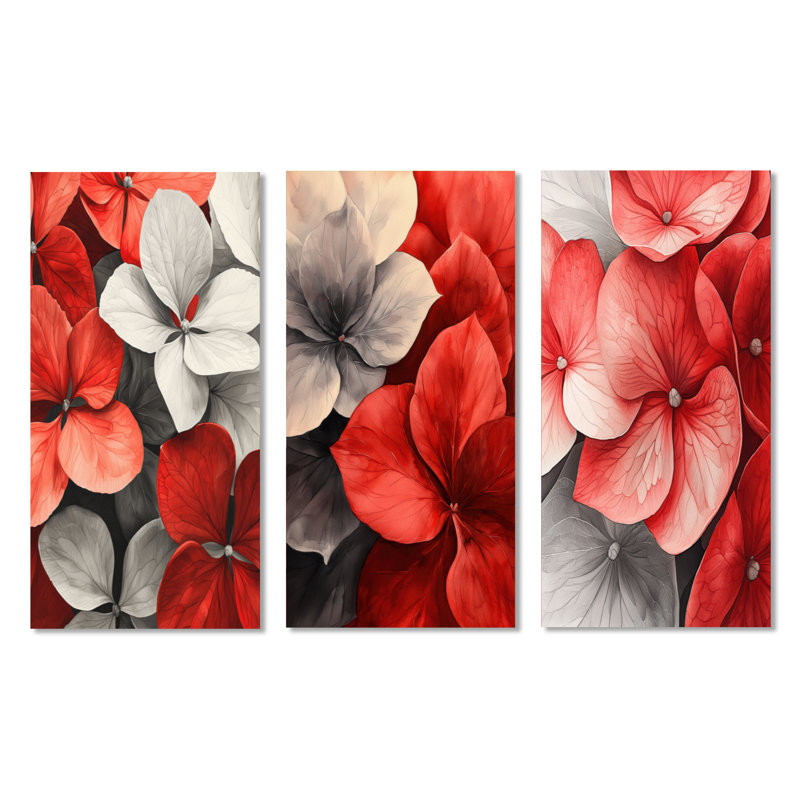 Monogramme de l'hortensia rouge pétale I - ensemble de 3 décorations murales botaniques en métal, H 40 po x l 60 po