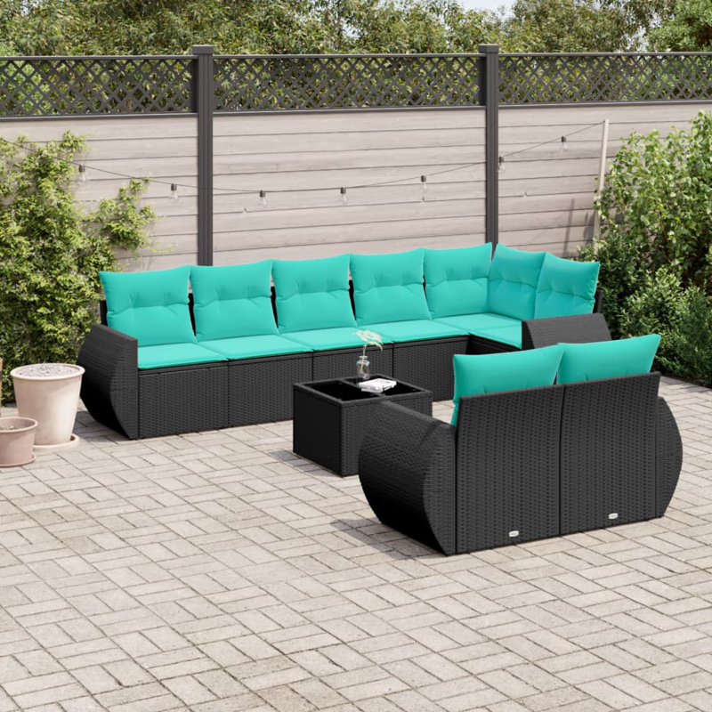 Ensemble de canapé de patio 9 pièces avec coussins en rotin de polyester, Bleu, Noir