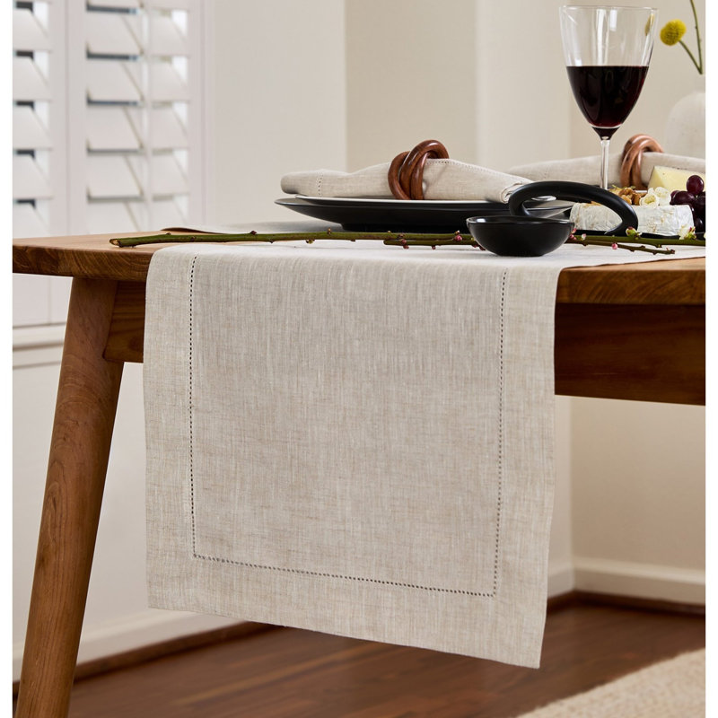 100% Pure Linen Hemstitch Table Runner, 36" x 14", Light Natural, Solid Color