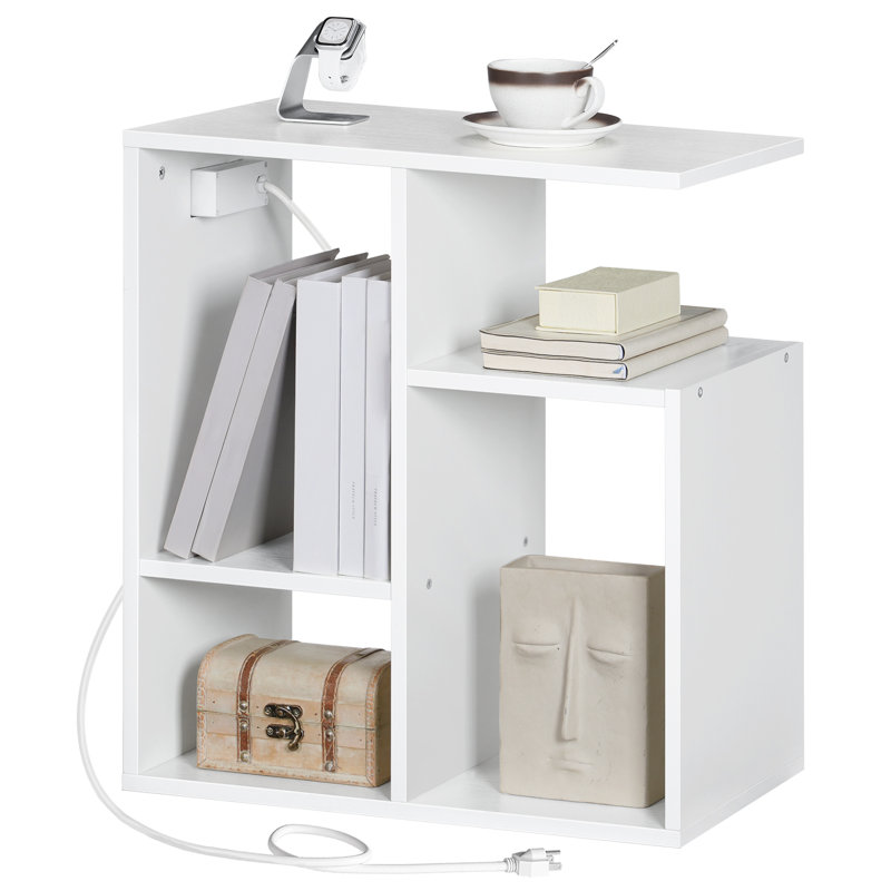 23.8" Tall Narrow End Table with Charging Station, White