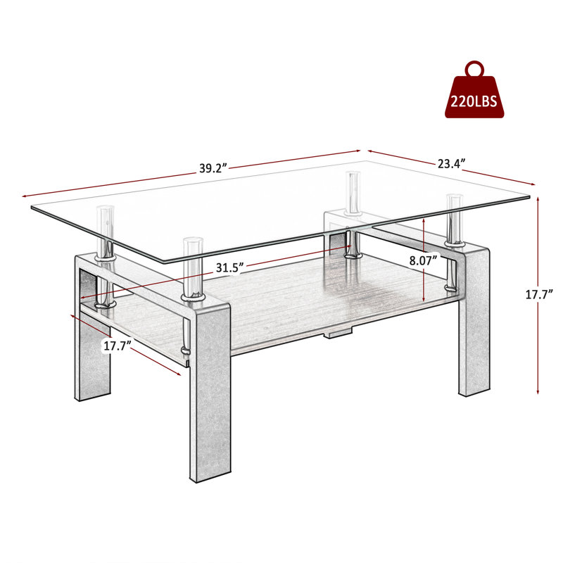 Table basse avec plateau en verre et bois, Transparent, Noir, 17.7" H x 39.37" L x 23.62" W