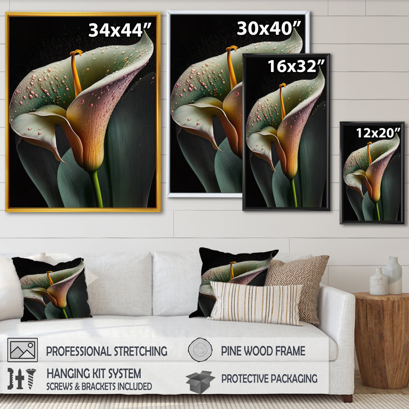 Gren et fleur de lys Calla blanc V - reproduction sur toile, H 32 po x l 16 po x P 1 po, Toile avec cadre flottant or