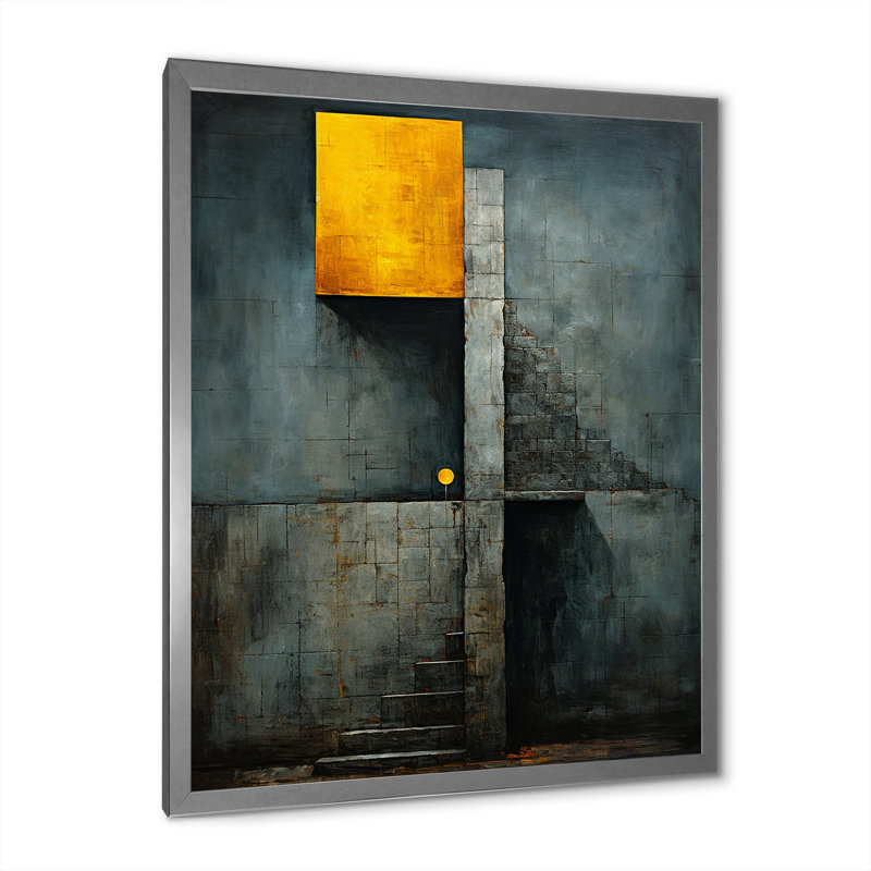 «Stairway to Grace Minimal Orange» sur imprimé indigo, Cadre simple gris, H 40 po x l 30 po x P 1,5 po