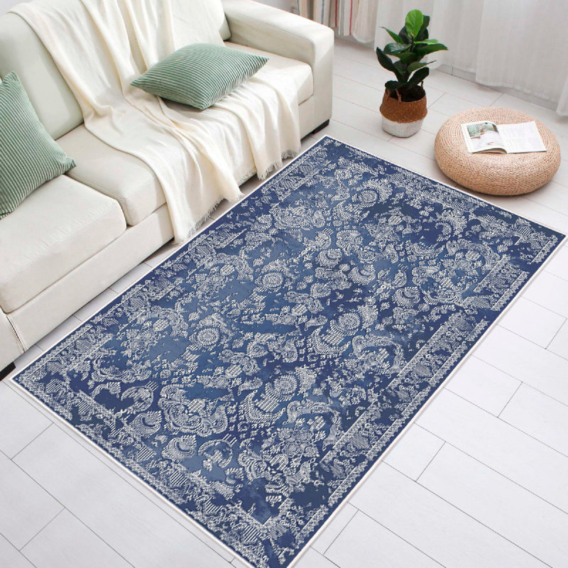 Luxurious Cotton Area Rug, 2.6 x 11.5 Feet | 100% Cotton, 1200 g/m², Pile Height: 0.4 in, Total Thickness: 0.3 in | Antibacterial, Non-Slip PVC Underside, Machine Washable | Elegant White & Navy Blue Design for Home Décor