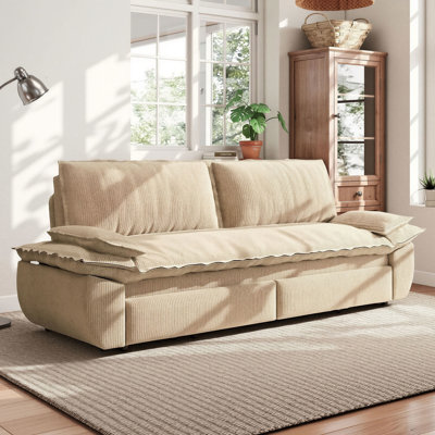73"Queen 3-In-1 Convertible Pull Out Sleeper Sofa Bed, Multi-Functional Corduroy Loveseat Bed, Camel