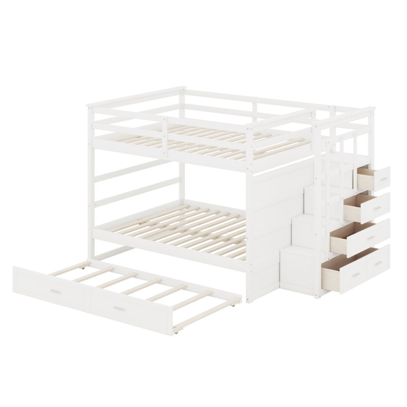 Lit superposé avec lit gigogne et escalier, Blanc