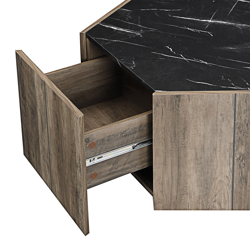 Hexagonal Wood Coffee Table With Drawers, Black, Light Brown