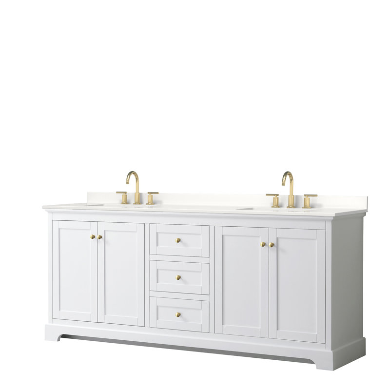 Meuble-lavabo double autoportant avec plateau Avery, Quartz blanc, Blanc 1, Noir mat