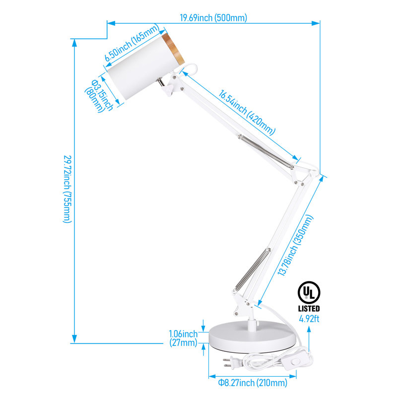 Swing Arm Table Lamp, Large Size Height 29.7", Adjustable Metal Desk Light With Wooden Accent, White