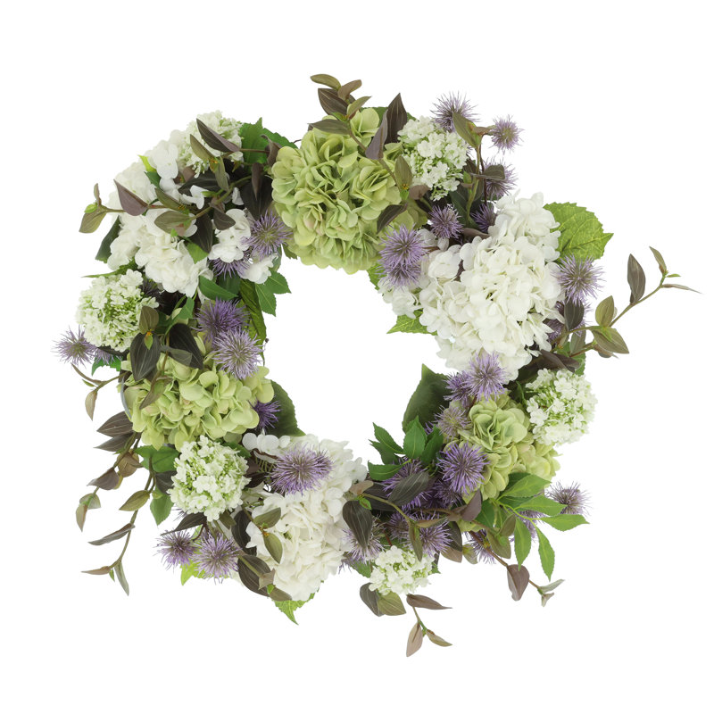 22" Grapevine Wreath with Hydrangeas and Thistle