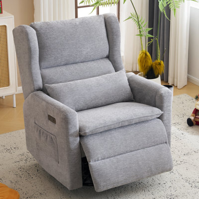 Oversized Swivel Rocker Recliner Chair, 26" Extra Wide Glider Nursery Chair with Adjustable Headrest, Chenille Power Recliner Rocking with Double Cushion, Cup Holder，Grey