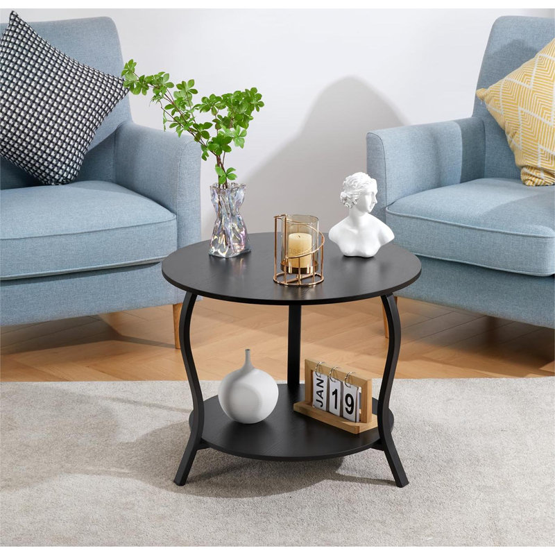 Small Round Coffee Table With Open Storage,23" 2-Tier Coffee Side Tables, Black
