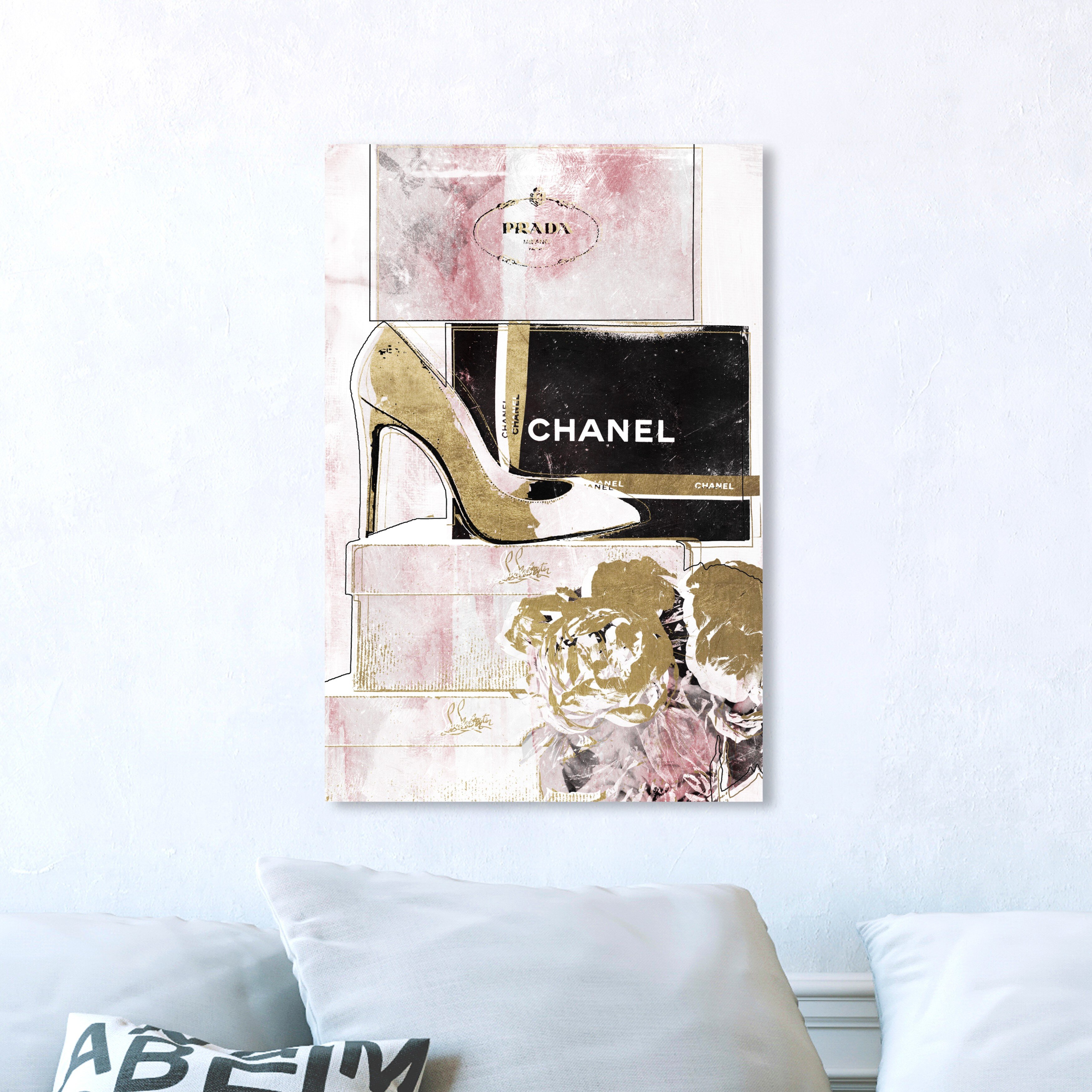 Wynwood Studio Fashion and Glam Wall Art Canvas Prints 'Luxury Stacked Shoes Rose' Shoes - Gold, Pink