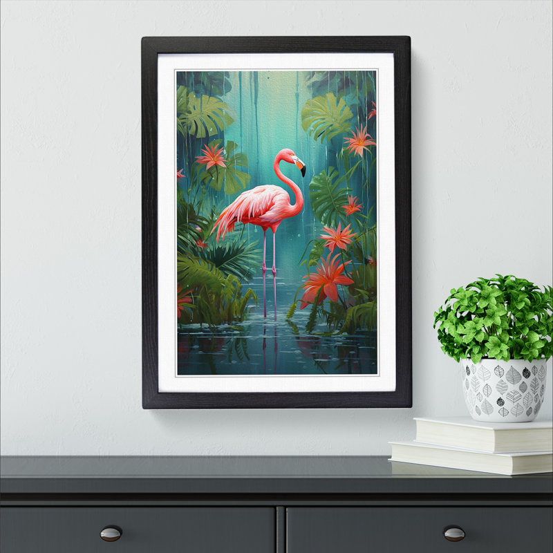 Flamingo Modern Art - Framed Print, 34cm H x 25cm W, Black Framed