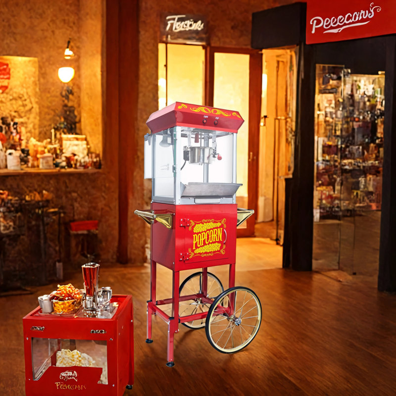 Machine à maïs soufflé avec chariot 8 oz avec bouilloire en acier inoxydable, plaque chauffante chauffante et tiroir, Rouge