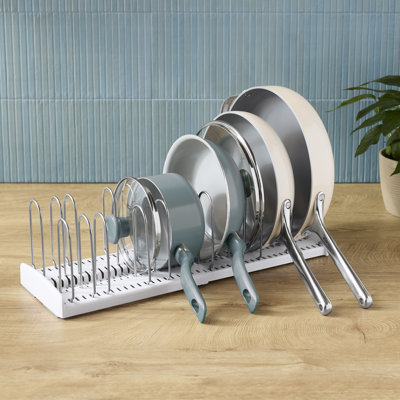 YouCopia StoreMore® Pan and Lid Rack, Adjustable Pot Lids, Sheet Pans and Tray Organizer with 10 Dividers for Kitchen Under Cabinet and Pantry Storage, Expandable Length, Organizing Hero Collection