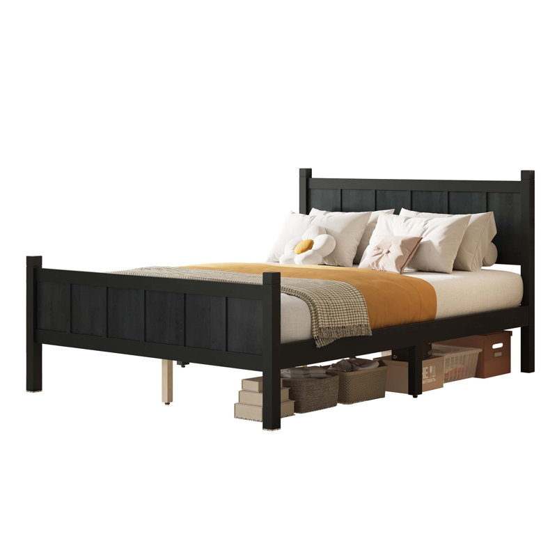 Lit plateforme en bois robuste avec tête et pied de lit intégrés pour la chambre à coucher, offrant un dégagement de rangement élevé et une conception de style maison de campagne intemporelle.