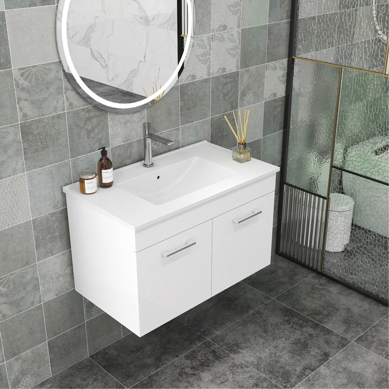32" Wall-Mounted Glossy White Bathroom Vanity with Ceramic Sink Combo and 2 Soft-Close Doors