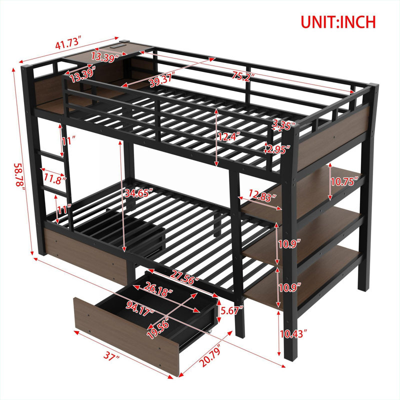 Structure de lit superposé simple pour les petits espaces de chambre à coucher Métal noir profond avec tablettes de rangement Bande lumineuse à DEL et multiprise USB