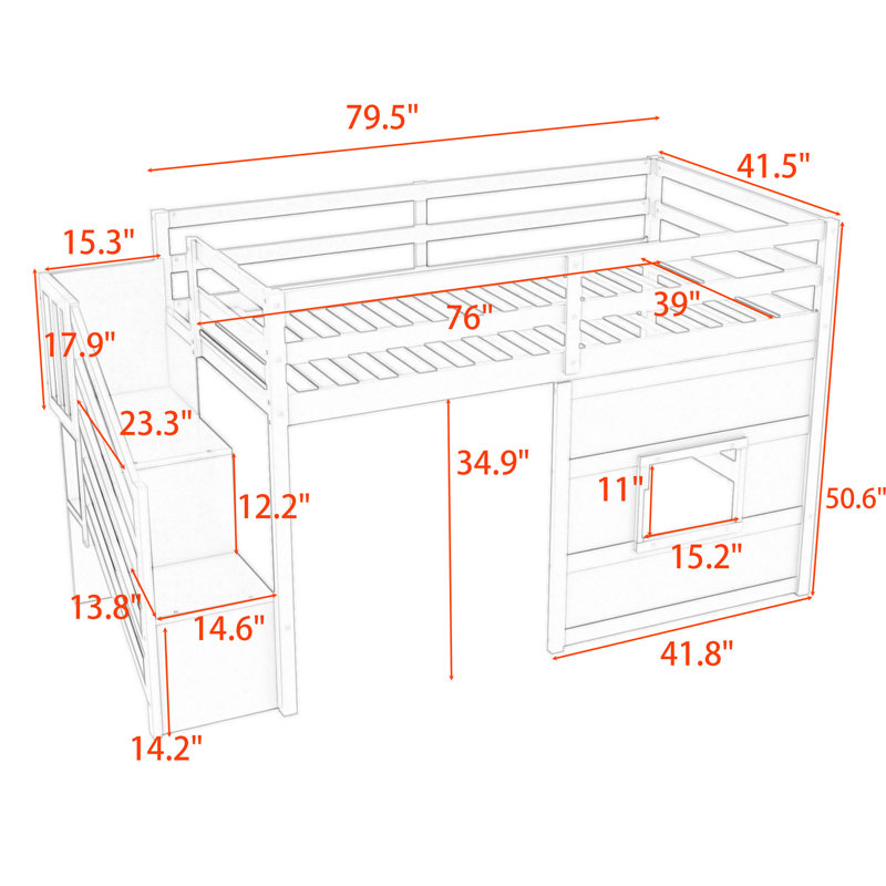 Jadi Twin Wooden Loft Bed with Staircase, Gray