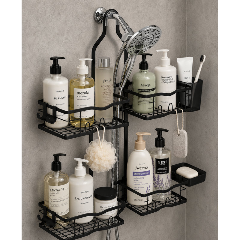 Black No-Drill Bathroom Shelf: Multifunctional Zoned Storage—The Perfect Organizer for Shower Essentials and Small Items.