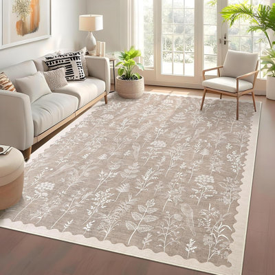2x6 Washable Floral Runner Rug, Non-Slip, Low-Pile, Scalloped Pattern for Kitchen, Hallway, Laundry, Bathroom, Green
