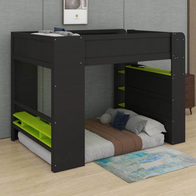 Lit mezzanine double avec bureau, garde-robe, grand espace de rangement et lumière RVB