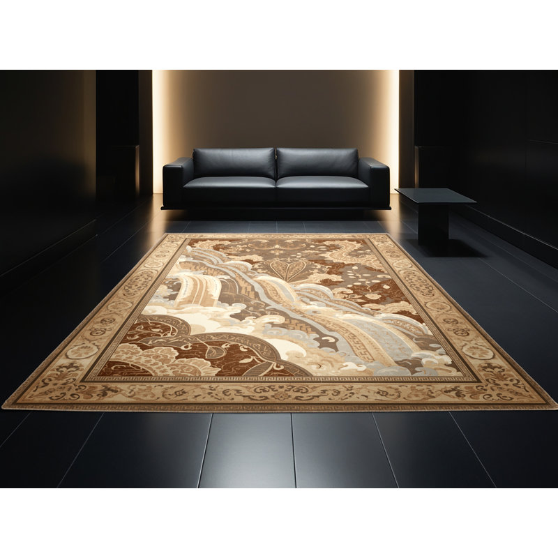 Tapis oriental classique lavable à la machine en brun - beige, Rond 7 pi