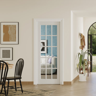 Dalle de porte intérieure en verre transparent 15 Lite - Porte en panneau de fibres à densité moyenne blanche pré-suspendue avec cadre réglable à gauche (porte et cadre livrés séparément)