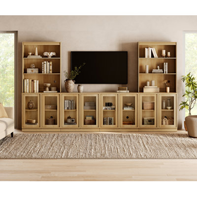 Wall Unit TV Stand with 3 Tiers Bookshelf, Entertainment Center with 4 Storage Cabinets and Adjustable Shelf, Media Console with Glass Doors for Living Room