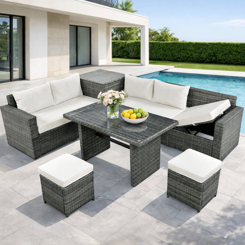 7 - Person Rattan Outdoor Dining Set, Beige, Gray