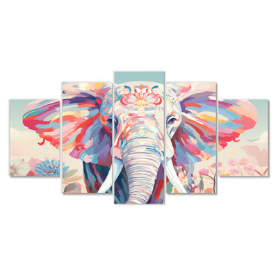 Éléphant rose rétro, portrait floral II - éléphant, art mural animal pour le salon 5 pièces