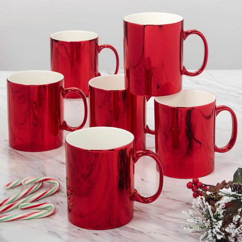 Holiday Red Ceramic Christmas Mugs, Set of 6, 16 oz