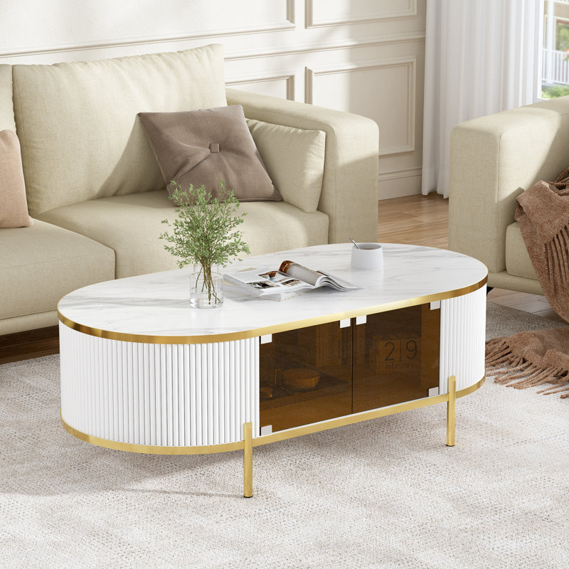 Table basse cannelée de luxe moderne, table basse ovale 48 "avec porte à lunettes