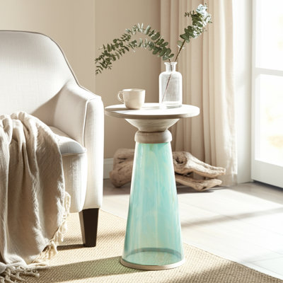 Glass and Wood Accent Table with Tapered Base and Modern Design
