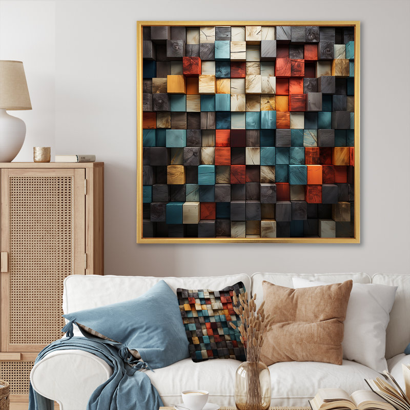 «Blue and Red Abstract Cubes III - Abstract Cubism», reproduction d'art murale, Cadre flottant doré