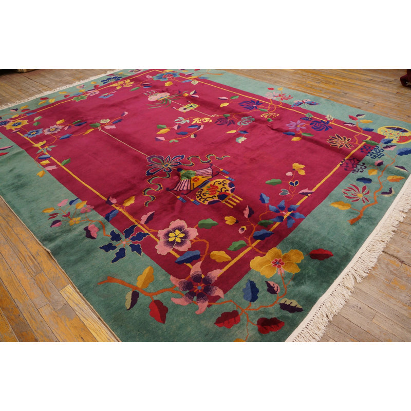 Tapis art déco chinois canneberge fuchsia champ et sarcelle