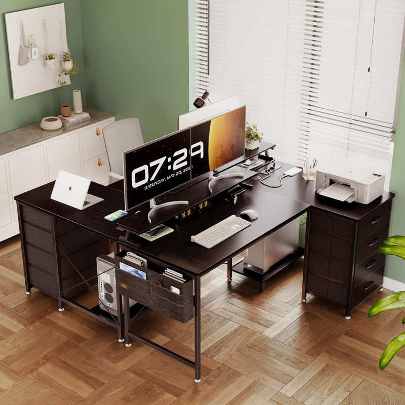 Yatendra L-Shaped Metal Base Writing Desk with Power Outlet, Black