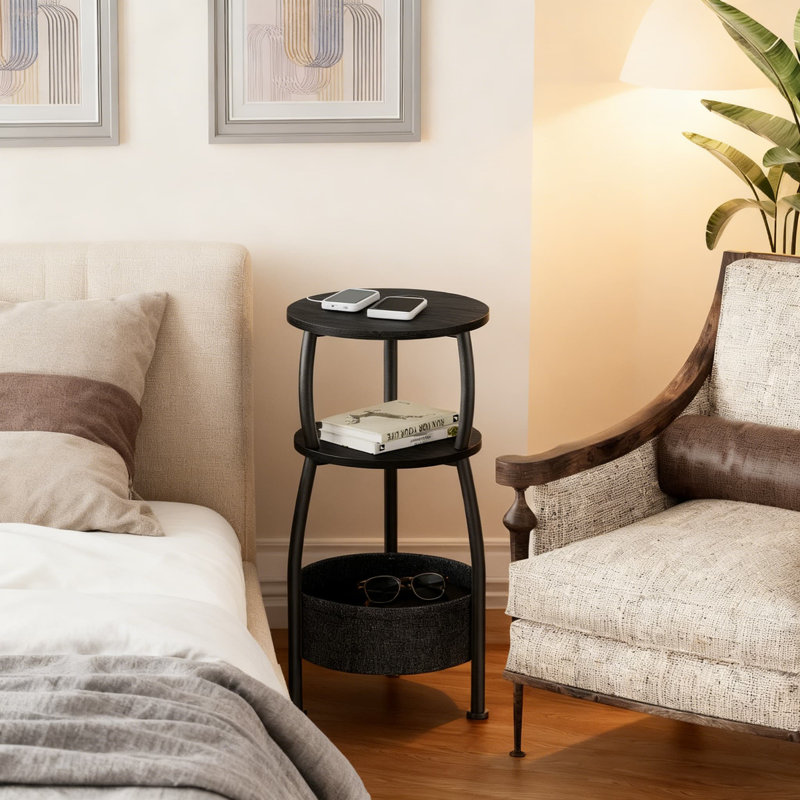 Table de bout ronde à 3 niveaux avec panier de rangement, table d'appoint peu encombrante pour le salon, la chambre à coucher, le canapé, le patio et plus