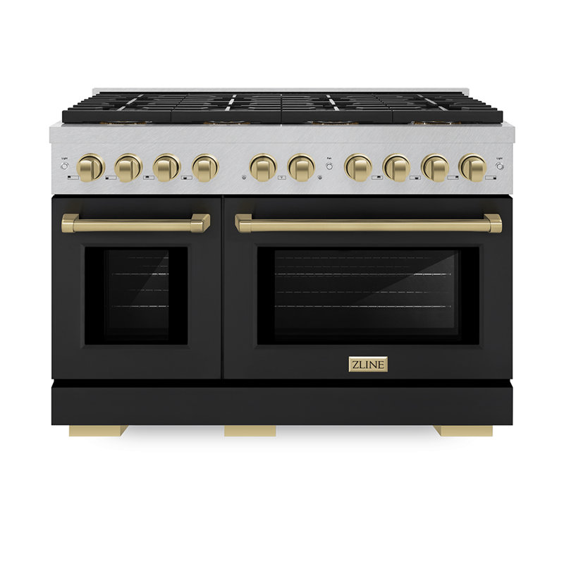 ZLINE Autograph Edition 48 in. 6.7 cu. ft. Paramount Dual Fuel Range W/ 8 Burner DuoPro Cooktop and Dual Ovens in Satin Stainless Steel W/ Black Matte Doors and Polished Gold Accents