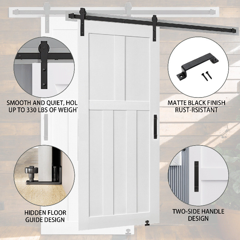 Modern 84" Five Panel Real Primed Door Slab with 6.6FT Sliding Hardware, Adjustable Floor Guide, Moisture-proof - Easy DIY Installation & Double-Layer Packaging Protection