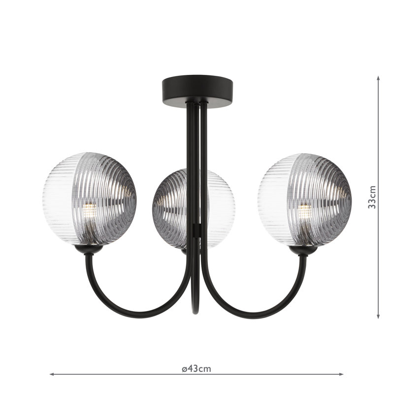 JARED 3LT SEMI FLUSH CW SMOKED/CLR GLS 150MM, Matt Black