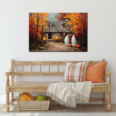 Automne, art mural d'Halloween, images fantômes, peinture murale, images d'Halloween, art mural toile d'Halloween, art mural citrouilles fantômes, couleurs chaudes de l'automne, chalet rustique, style douillet pour le salon 24 po x 32 po