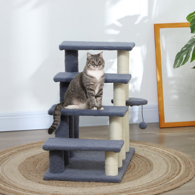 Marches et escaliers pour chat à 4 niveaux avec poteaux à griffer, gris