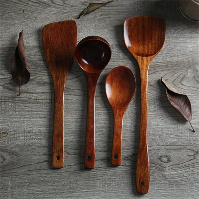 Ensemble de spatules en bois - Spatules à cuillère en bois à long manche pour batterie de cuisine antiadhésive