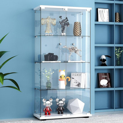 Glass Display Cabinet 4-Shelf 2 Doors With LED Push Light Lockable Glass Display Case With 5Mm Tempered Glass Floor-Standing Glass Bookshelf For Bedroom, Living Room, White