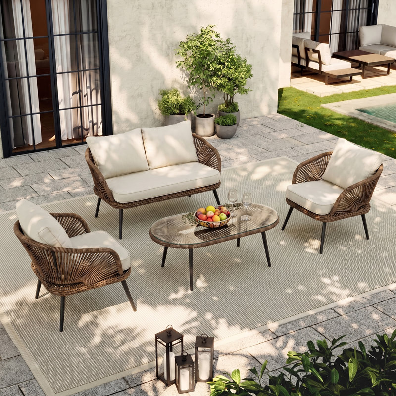 4-person Outdoor Wicker Patio Conversation Seating Set With Coffee Table, Cushions