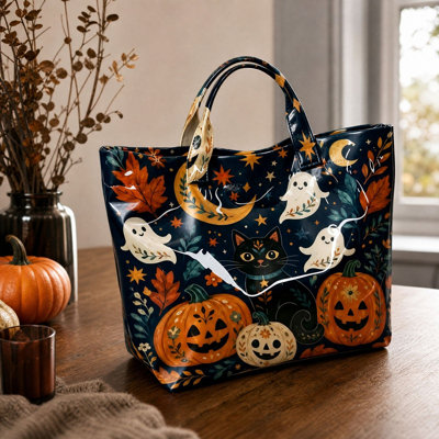 Décoration d'Halloween : Sac fourre-tout en PVC imprimé citrouille et fantôme, grand format, réutilisable, 44 x 31 cm, imperméable, idéal pour les cadeaux et friandises d'Halloween. Parfait pour les fêtes et les achats de bonbons.