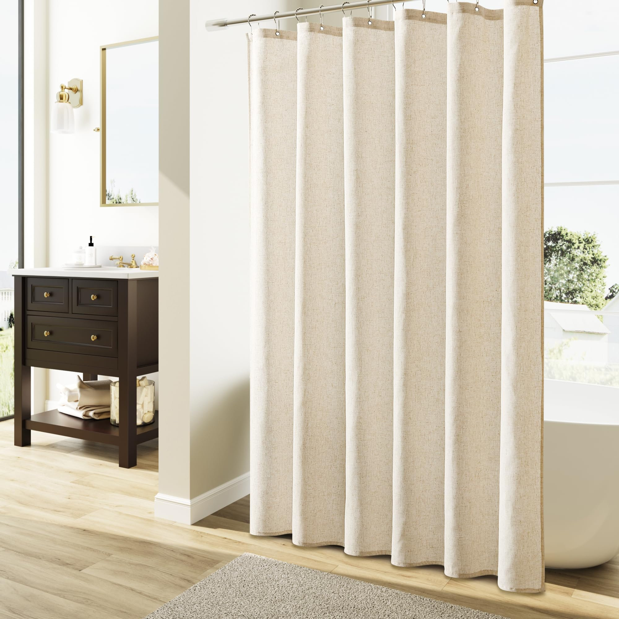 Latitude Run® Natural Linen Shower Curtain, Country Boho Farmhouse Bath